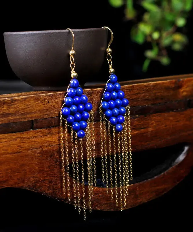 14K Gold Gem Stone Tassel Drop Earrings