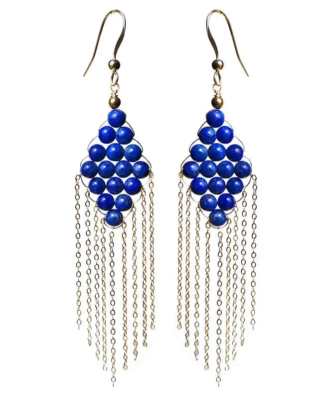 14K Gold Gem Stone Tassel Drop Earrings