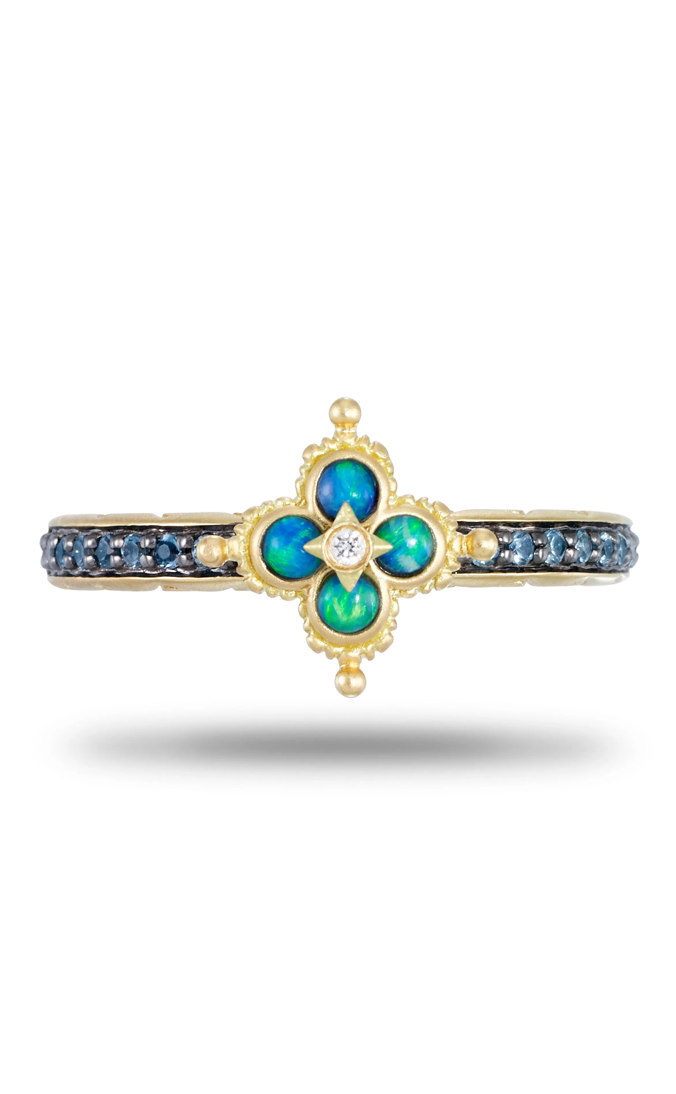 50% non-refundable deposit is required.Opal Flower Mini Ring –  Diamond, Opal & London Blue Topaz