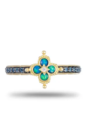 50% non-refundable deposit is required.Opal Flower Mini Ring –  Diamond, Opal & London Blue Topaz