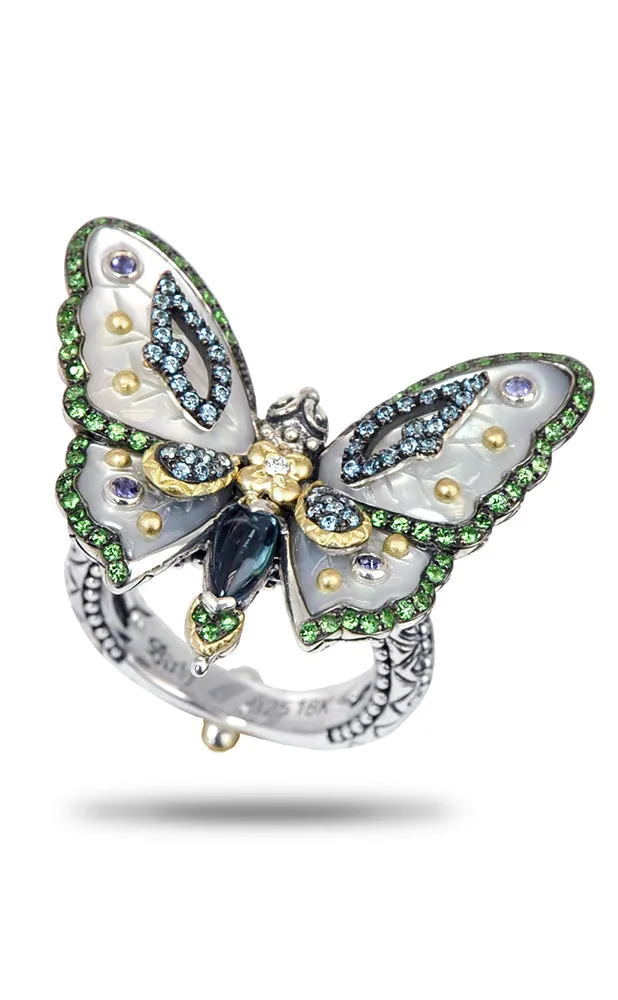 50% non-refundable deposit.Special Order.Zen Garden Butterfly Ring – Diamond, White Mother of Pearl, London Blue Topaz, Blue Topaz, Iolite & Tsavorite