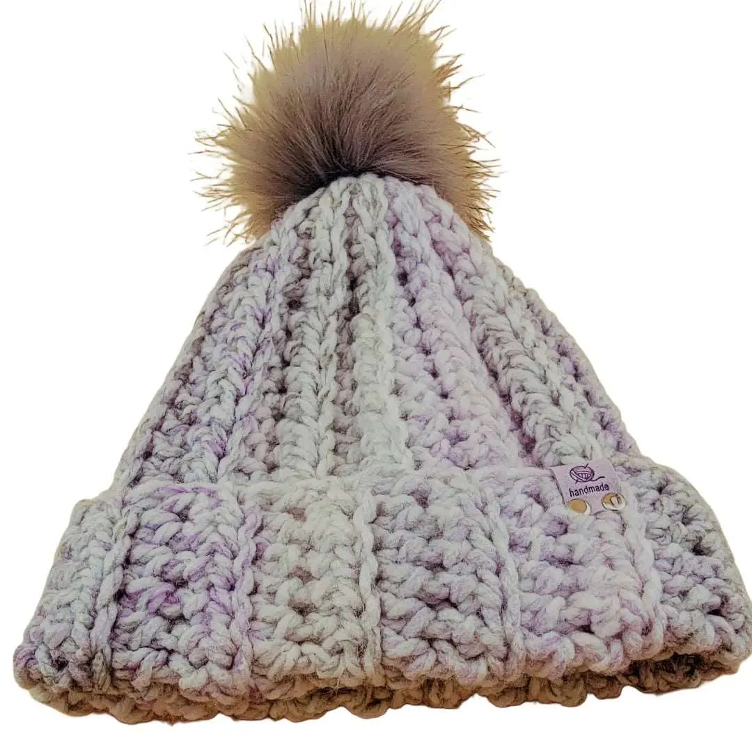 Beanie in Light Gray and Lavender with Gray Pom Pom