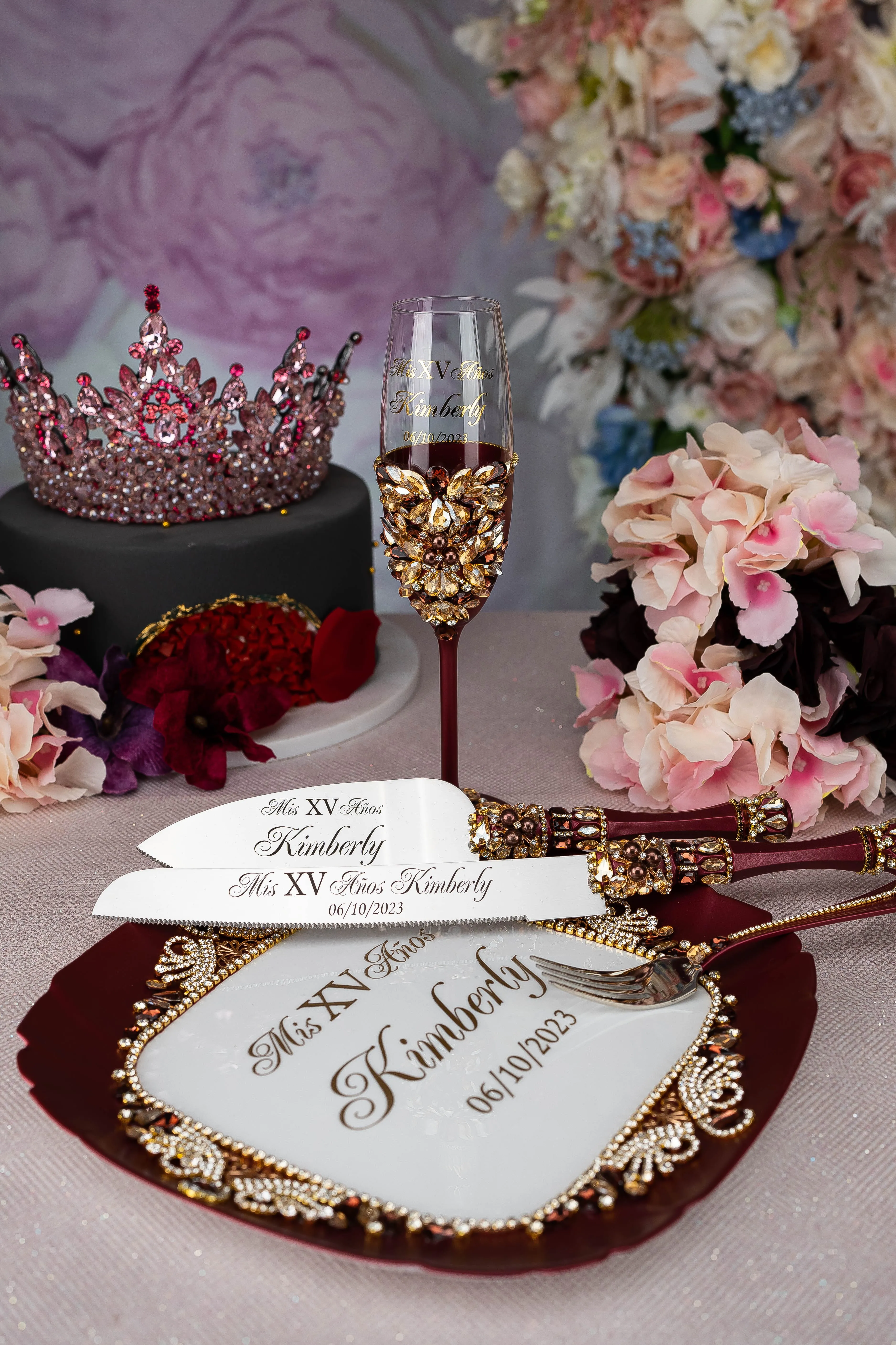 Burgundy quinceanera tiara pillow