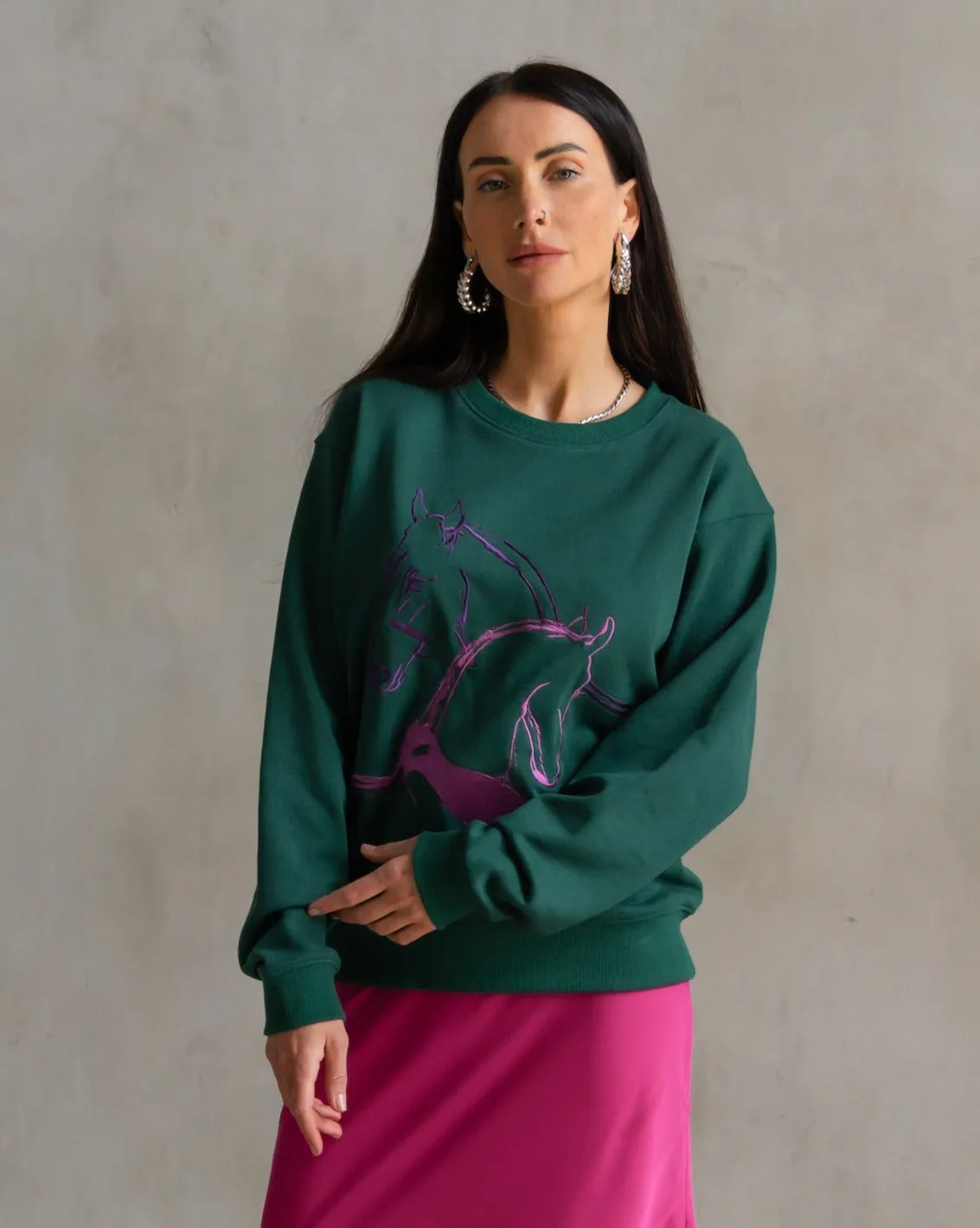 Classic Embroidered Sweatshirt Horses Embrace Multi