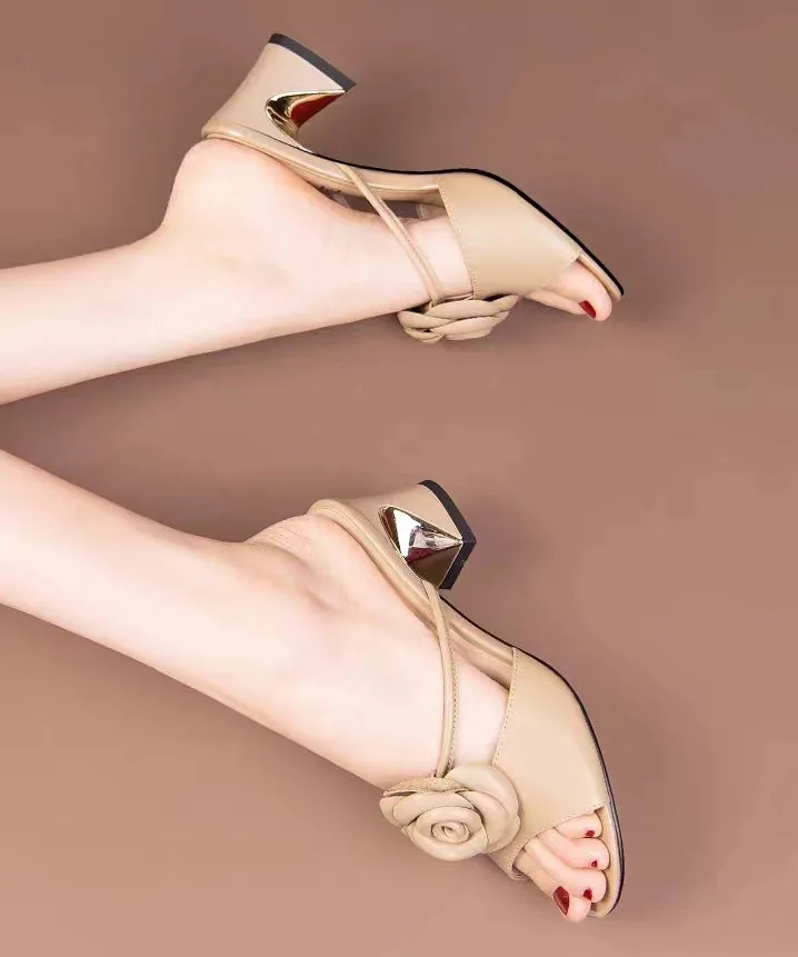 Elegant Beige Floral Chunky Heel Slide Sandals Peep Toe XC1028