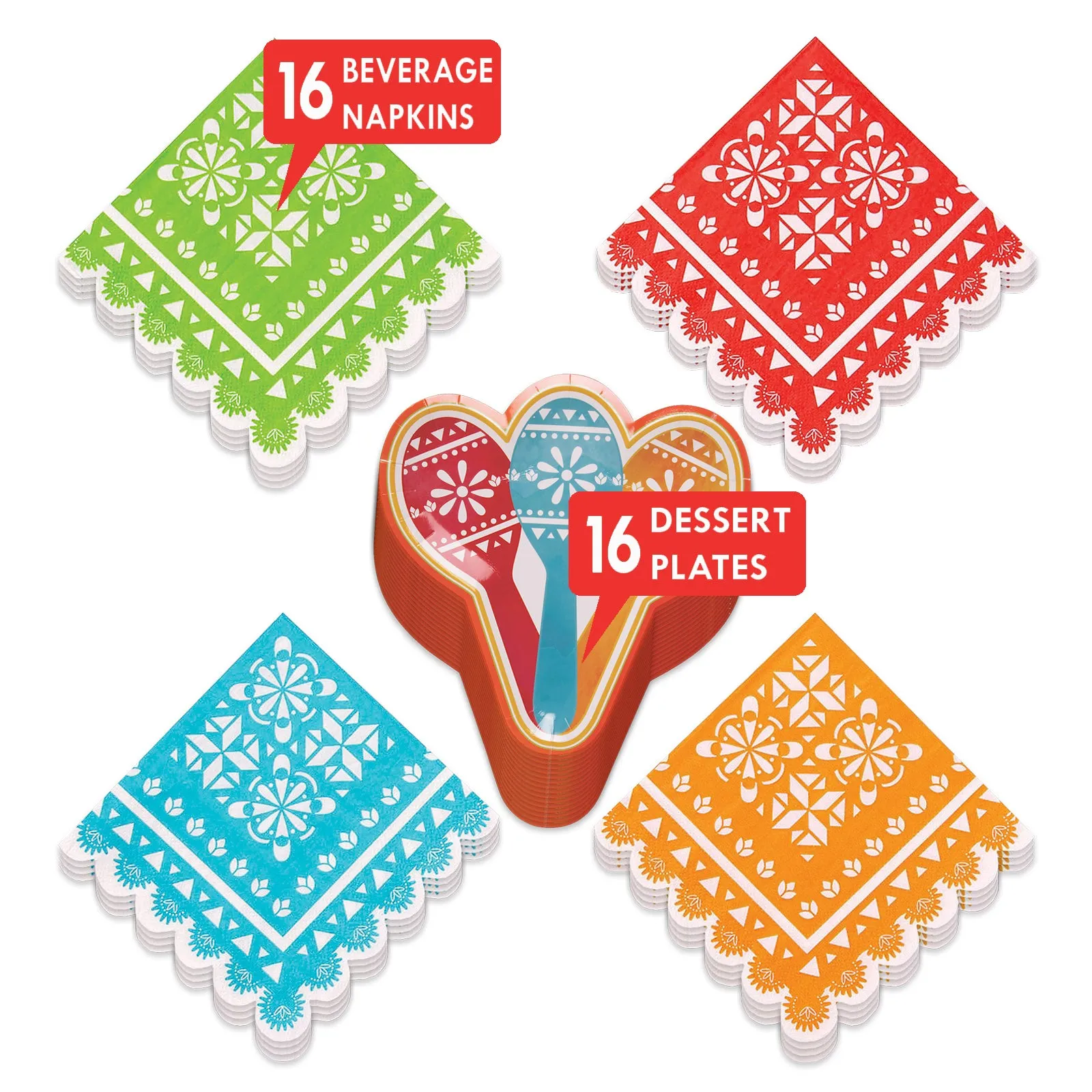 Fiesta Party Maraca Shaped Paper Dessert Plates and Colorful Beverage Napkins (Serves 16)