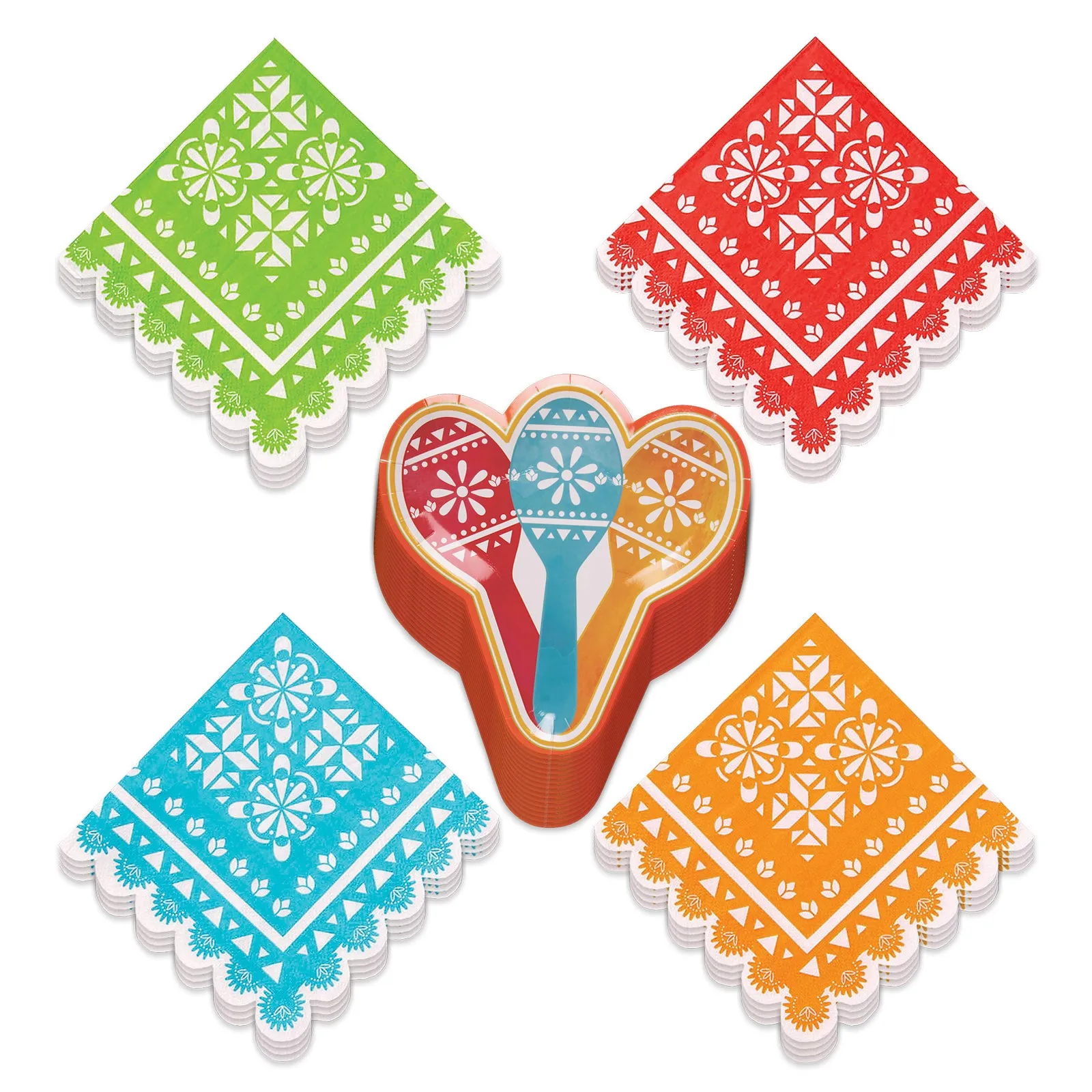 Fiesta Party Maraca Shaped Paper Dessert Plates and Colorful Beverage Napkins (Serves 16)