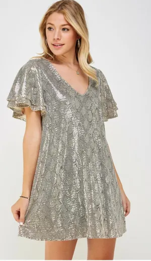 FLARE RUFFLE SLEEVE SPARKLE DRESS