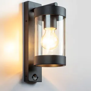 Frenchy Black with Sensor Modern Coach with Glass Exterior Wall Light