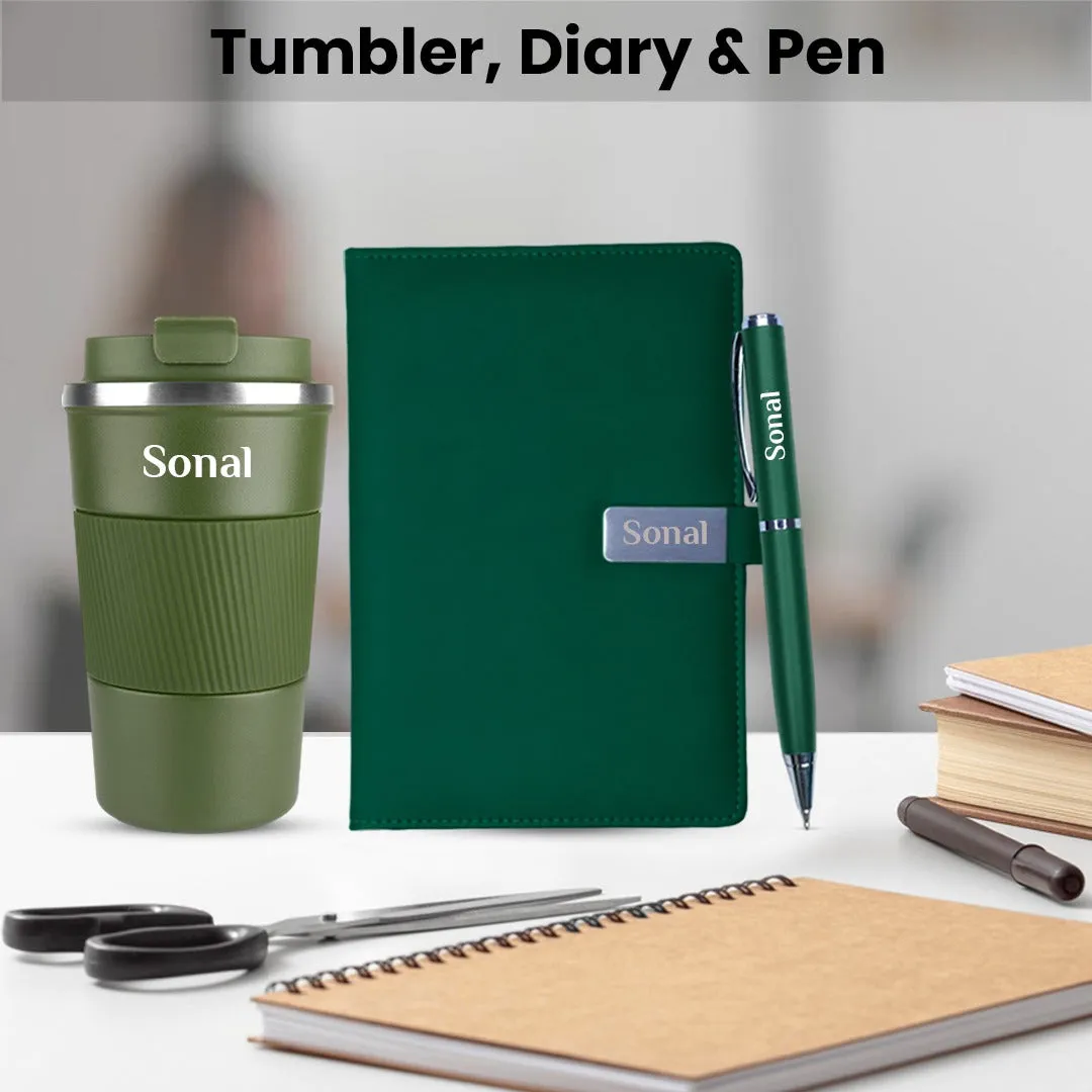 Giftana 3 In 1 Notebook Diary Pen, Tumbler 510Ml, Personalized Gift With Name - Green