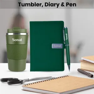 Giftana 3 In 1 Notebook Diary Pen, Tumbler 510Ml, Personalized Gift With Name - Green