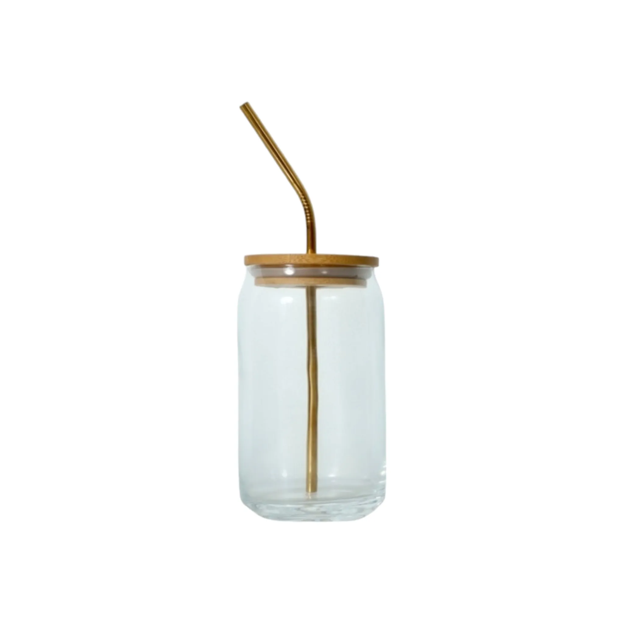 Glass Drinking Can Tumbler 500ml with Bamboo Lid & Gold Stainless Steel Curved Straw