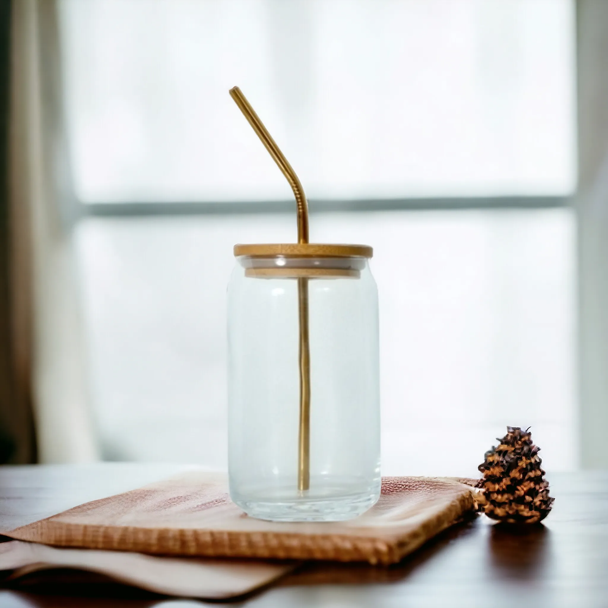 Glass Drinking Can Tumbler 500ml with Bamboo Lid & Gold Stainless Steel Curved Straw