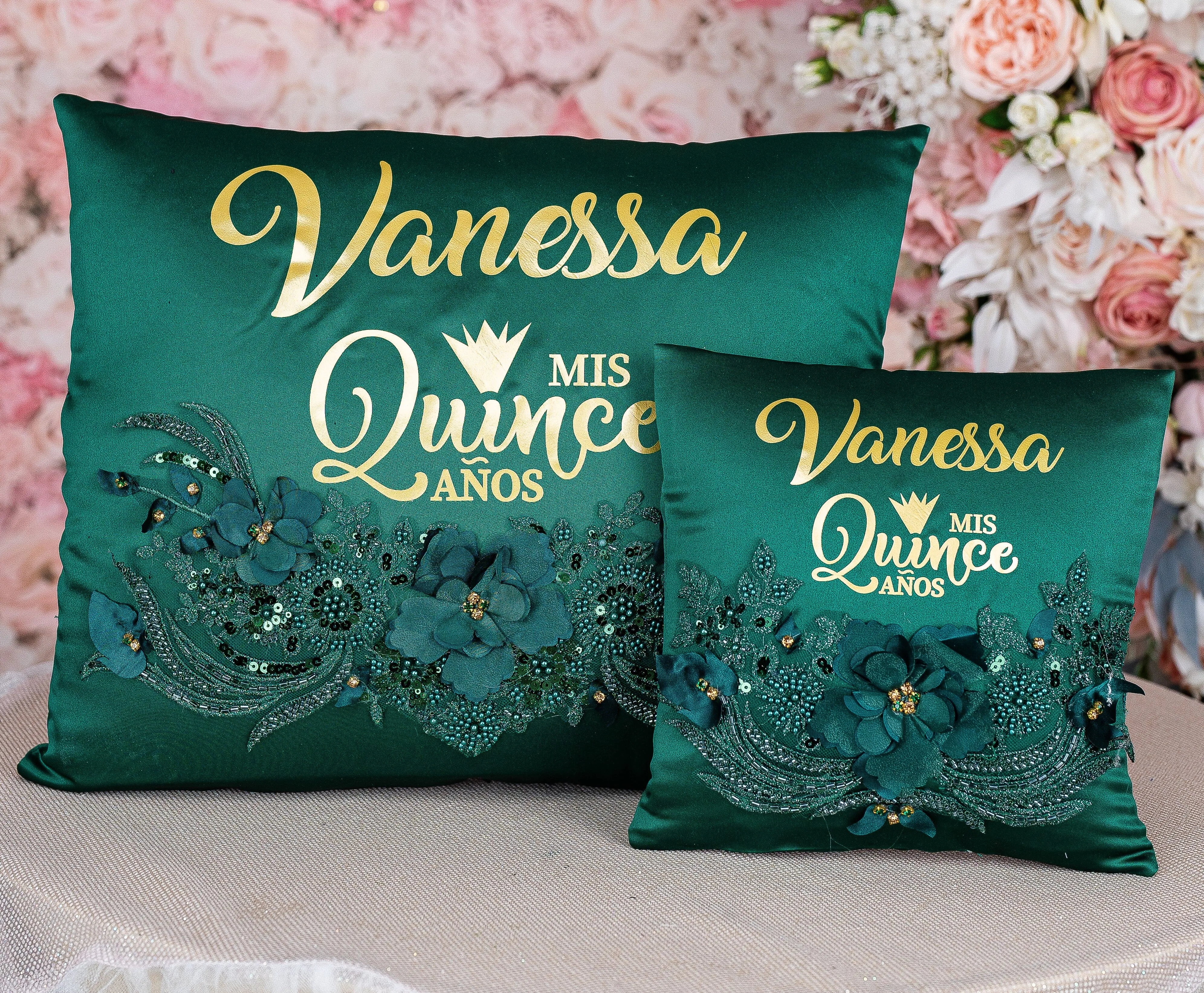 Green quinceanera tiara pillow