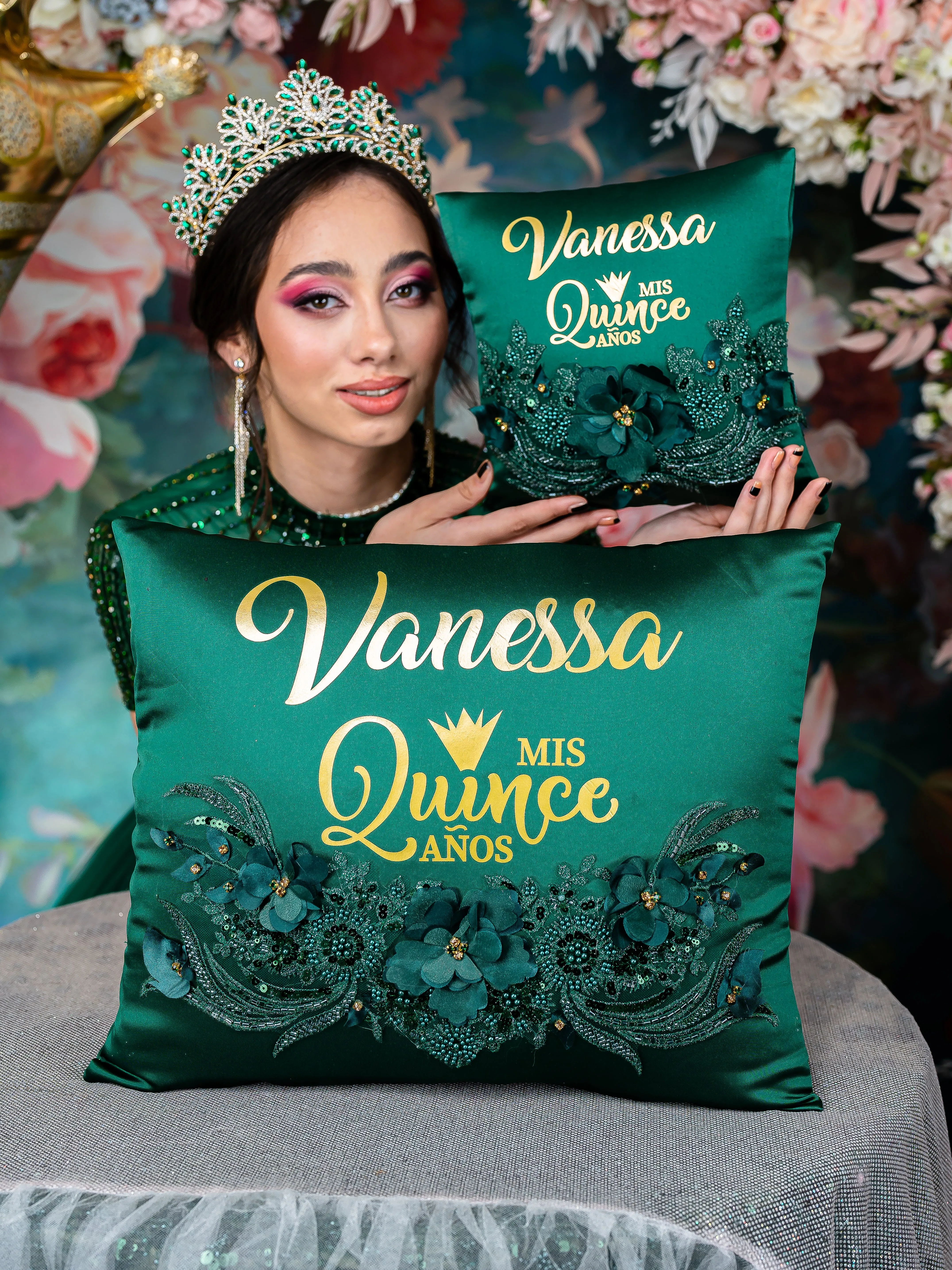 Green quinceanera tiara pillow