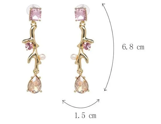 Long Pink Crystal Water Drop Statement Dangle Earrings