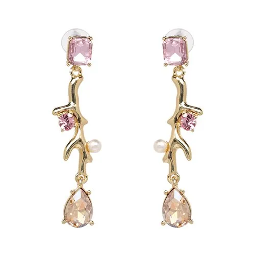 Long Pink Crystal Water Drop Statement Dangle Earrings