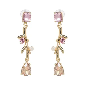 Long Pink Crystal Water Drop Statement Dangle Earrings