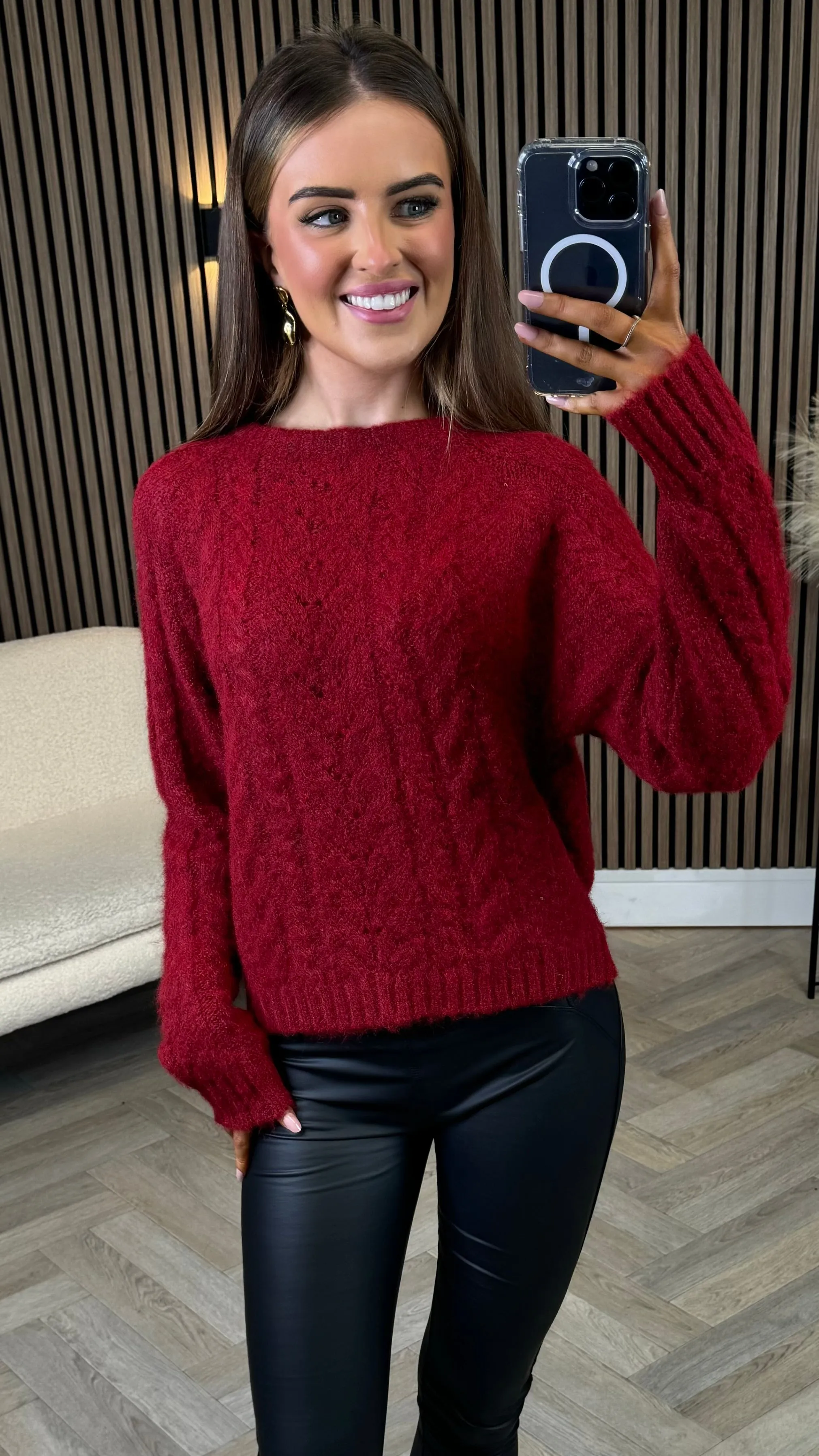 Macy Burgundy Detailed Print Chunky Knit Jumper