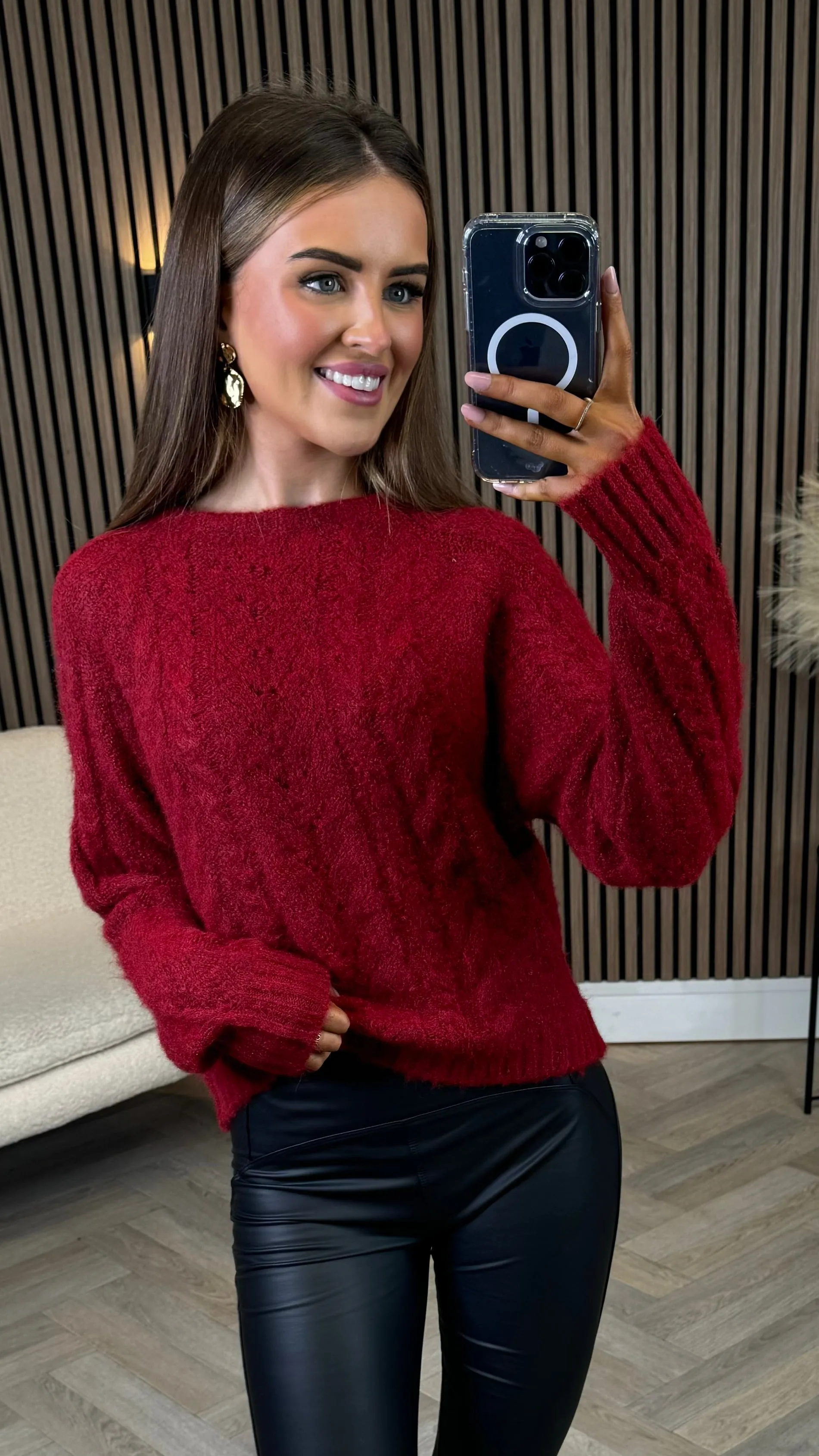 Macy Burgundy Detailed Print Chunky Knit Jumper