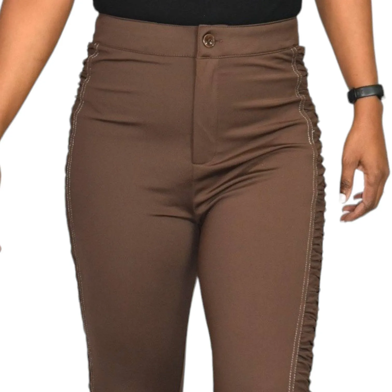 Maniere de Voir Pants Brown Ruched Sides Ankle Zip Stretch Straight High Waist Size 4