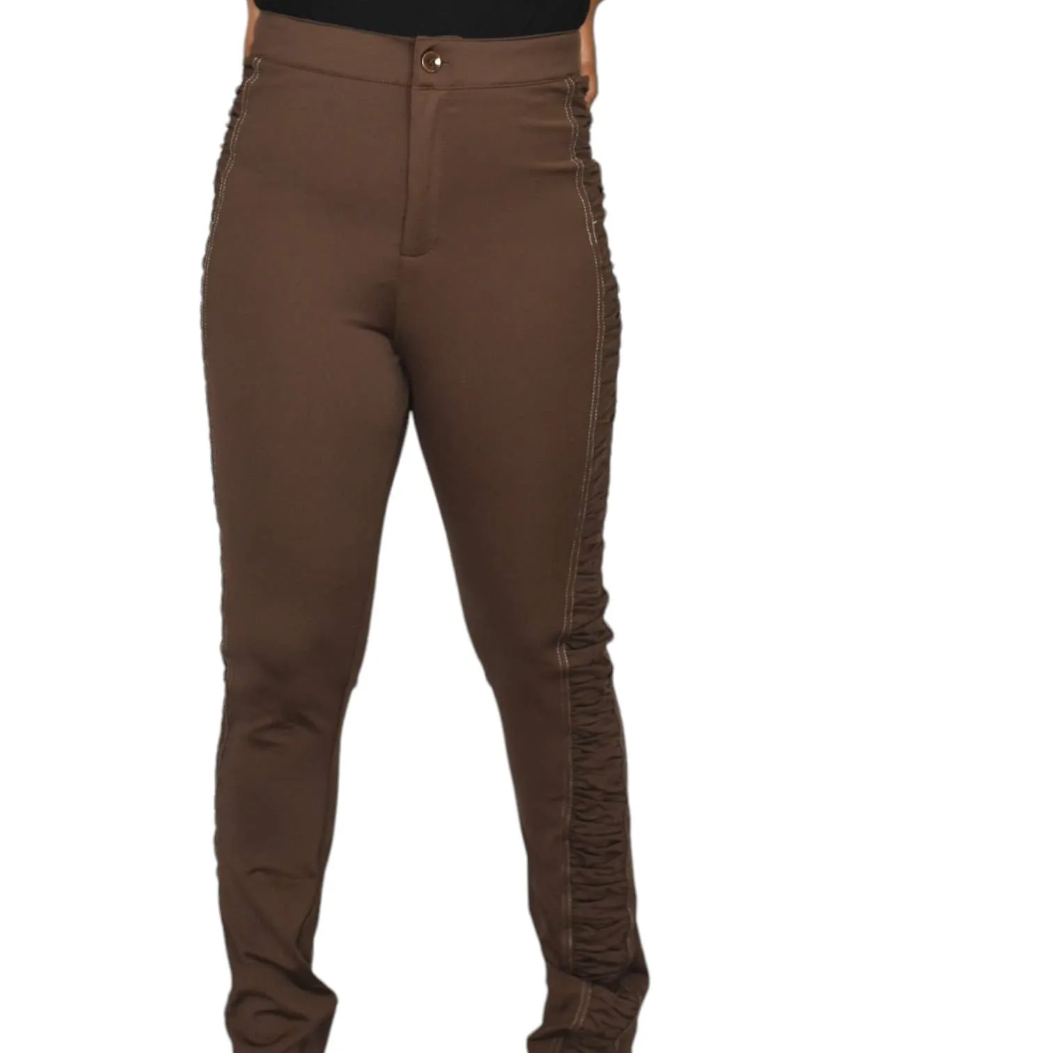 Maniere de Voir Pants Brown Ruched Sides Ankle Zip Stretch Straight High Waist Size 4