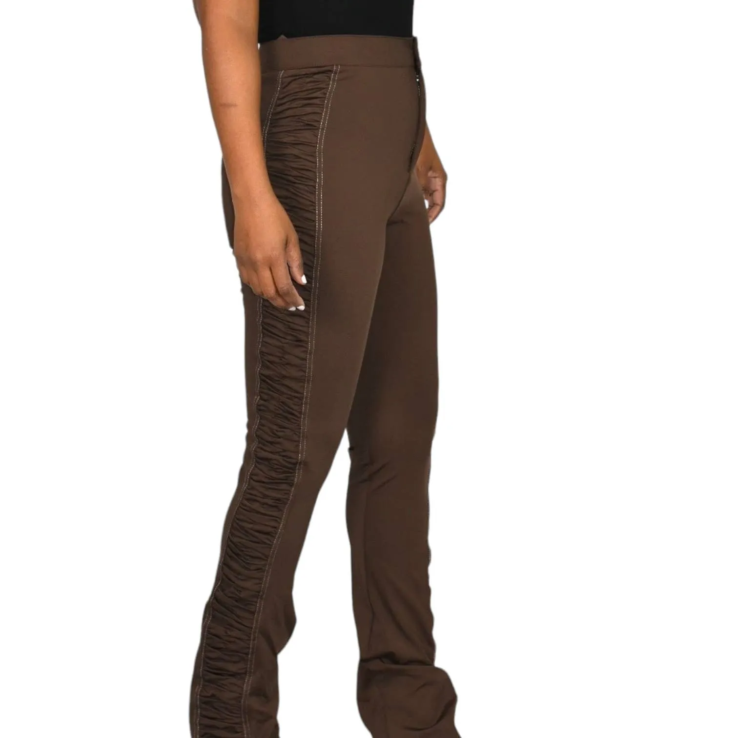 Maniere de Voir Pants Brown Ruched Sides Ankle Zip Stretch Straight High Waist Size 4