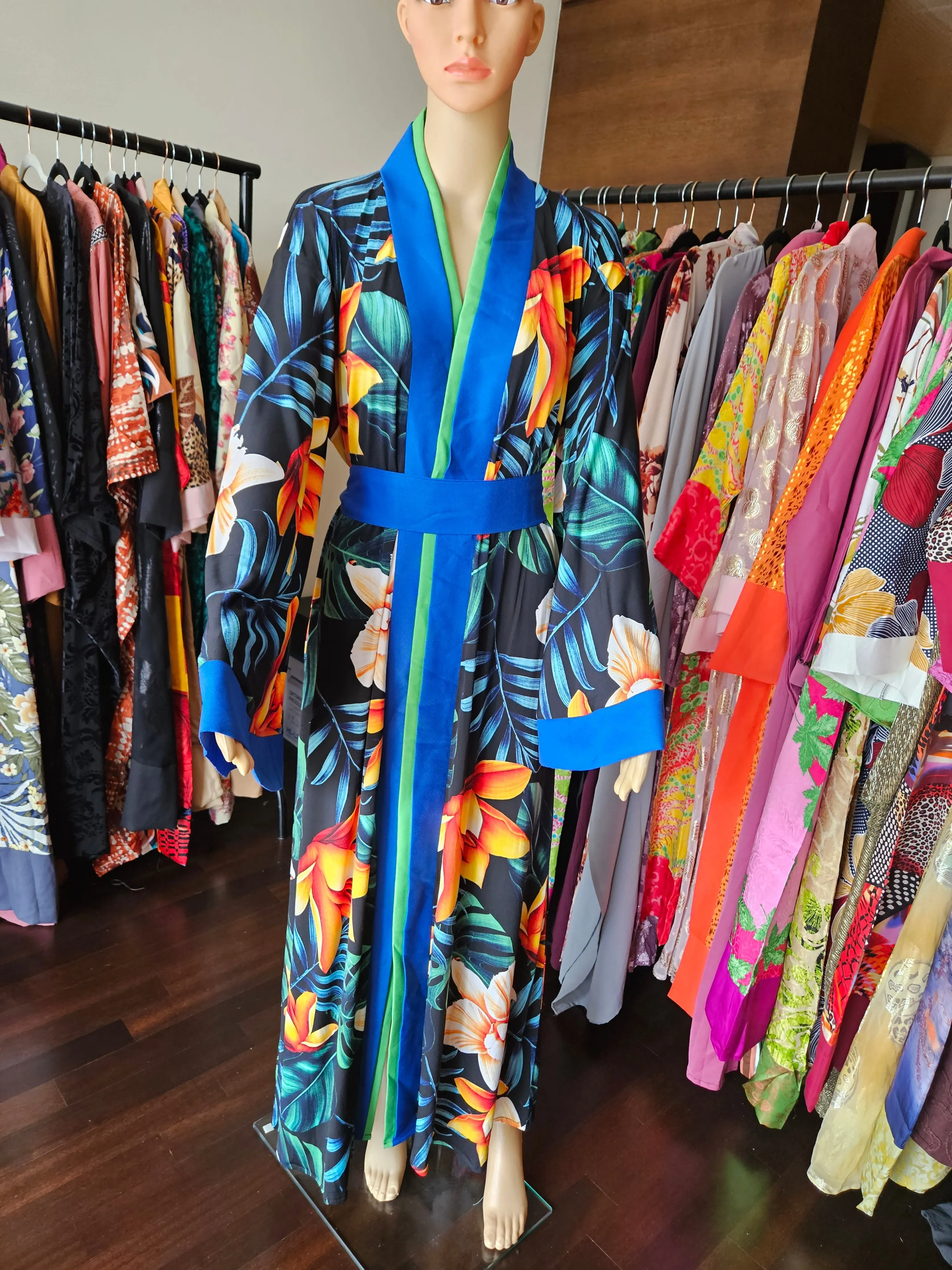 Meya Black tropical kimono robe