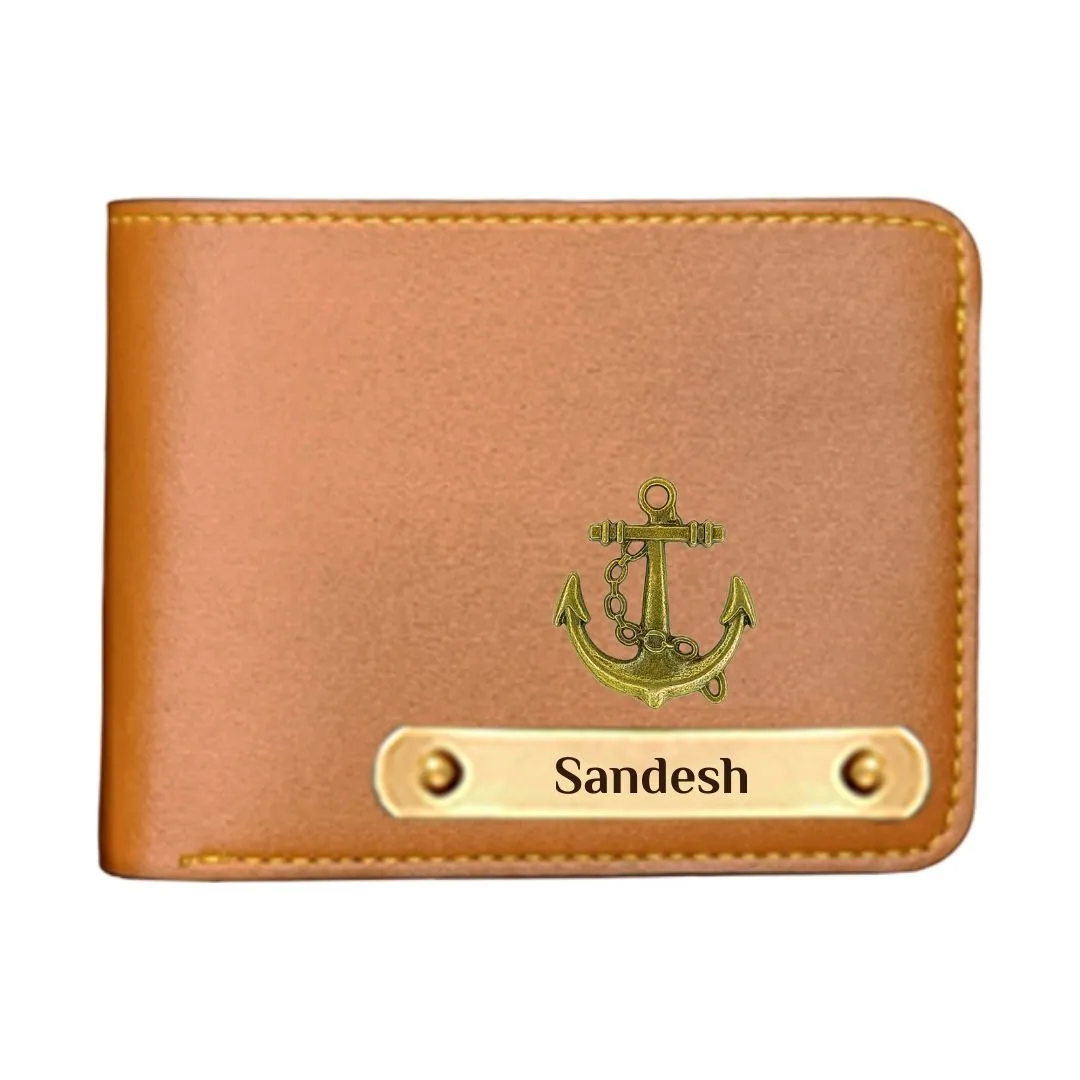 Navy Charm Personalized Vegan Leather Wallet with Name - Tan