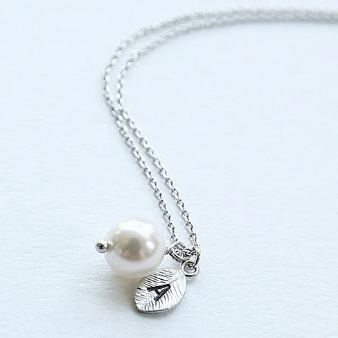 Pearl & Initial Silver Leaf Necklace