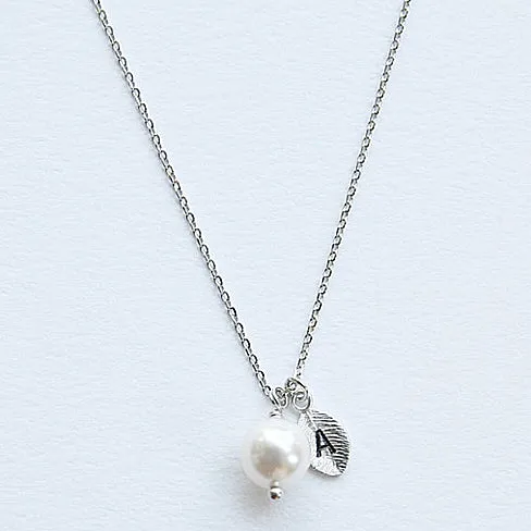 Pearl & Initial Silver Leaf Necklace