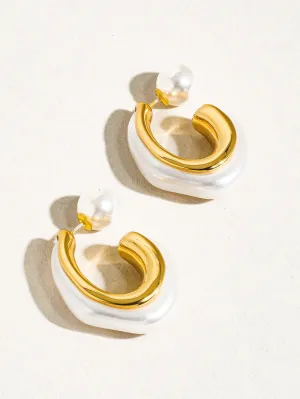 Pearl C Hoop Earrings, Gold