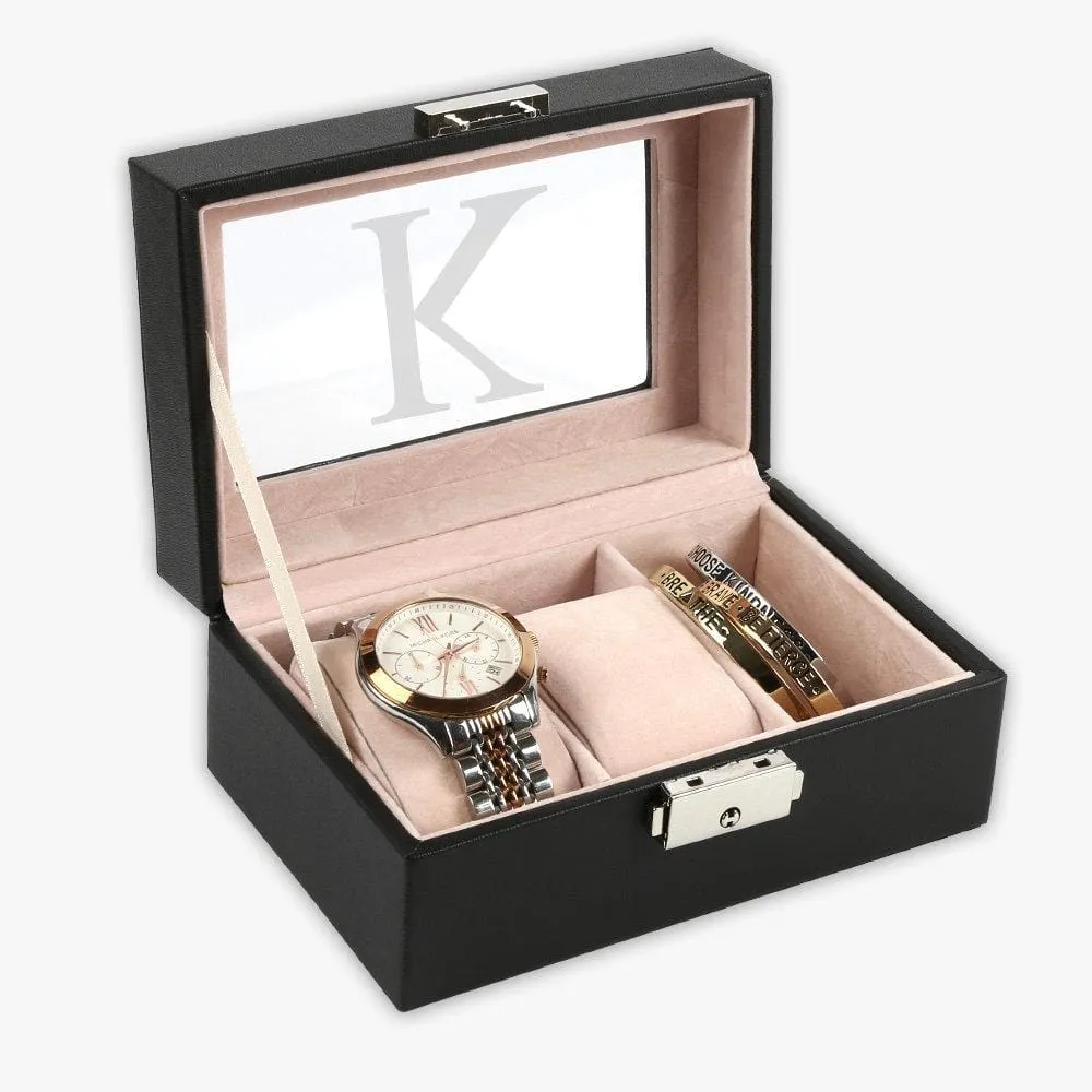 Personalized 3-slot Small Black Leather Watch Case