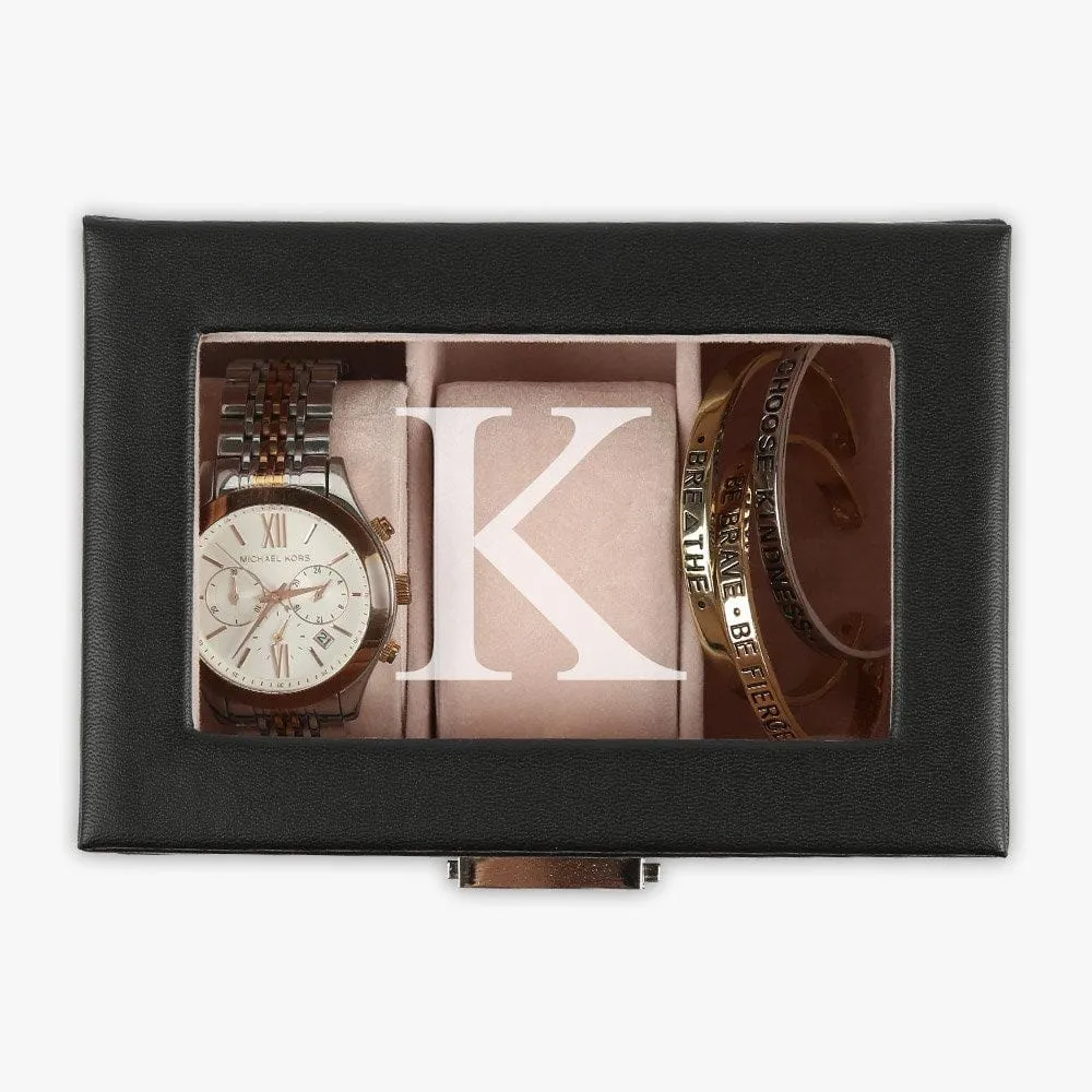 Personalized 3-slot Small Black Leather Watch Case