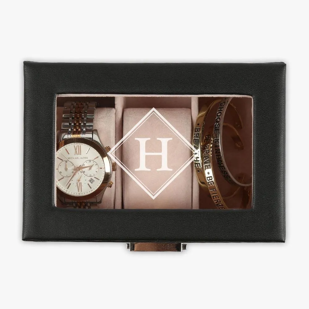 Personalized 3-slot Small Black Leather Watch Case