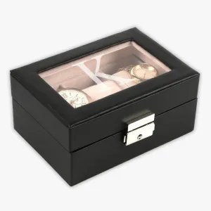 Personalized 3-slot Small Black Leather Watch Case