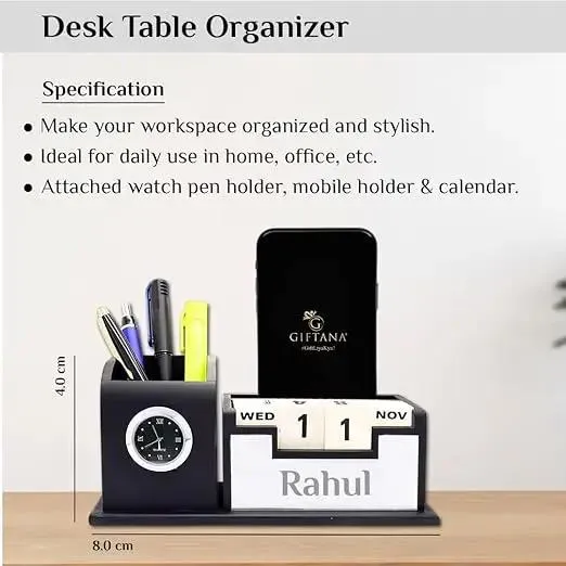 Personalized 7 in 1 Desk Organizer with Coffee Tumbler, Steel Water Bottle, Keychain, Mobile Stand, Card Holder, Pen - Black