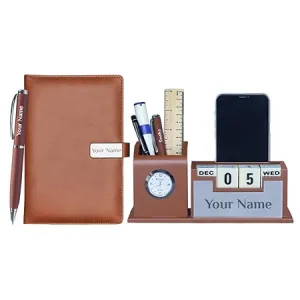 Personalized Desk Organizer With Diary Pen Set With Name - Tan Silver