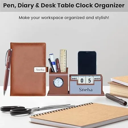 Personalized Desk Organizer With Diary Pen Set With Name - Tan Silver