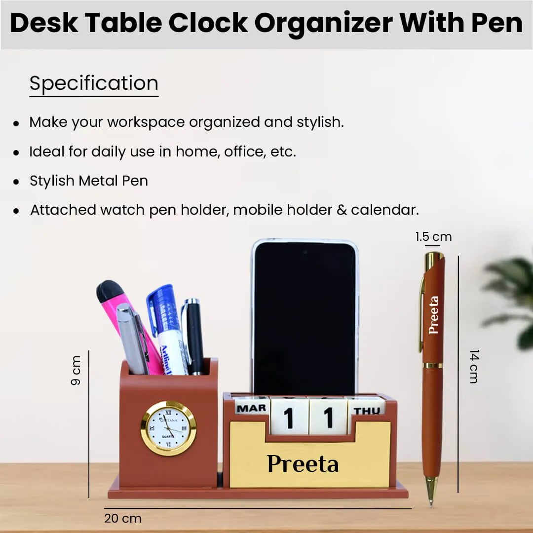 Personalized Desk Organizer with Pen Set - Golden Tan