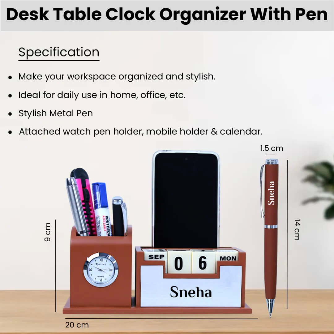 Personalized  Desk Organizer with Pen Set - Silver Tan