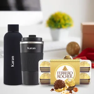 Personalized Flask & Tumbler Gift Set with 16 Pcs Ferrero Rocher - Black