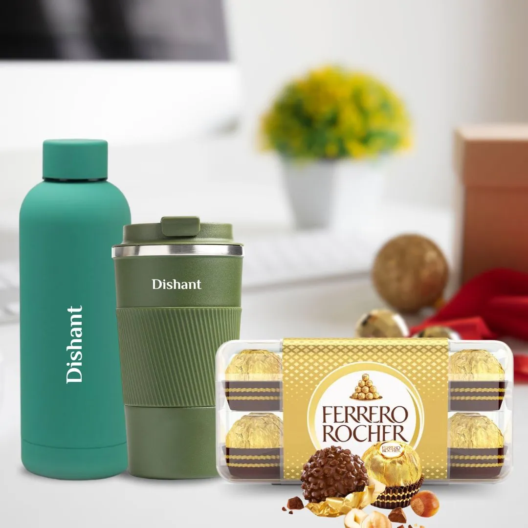 Personalized Flask & Tumbler Gift Set with 16 Pcs Ferrero Rocher - Green