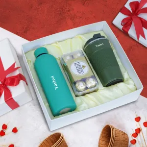 Personalized Flask & Tumbler Gift Set with 16 Pcs Ferrero Rocher - Green