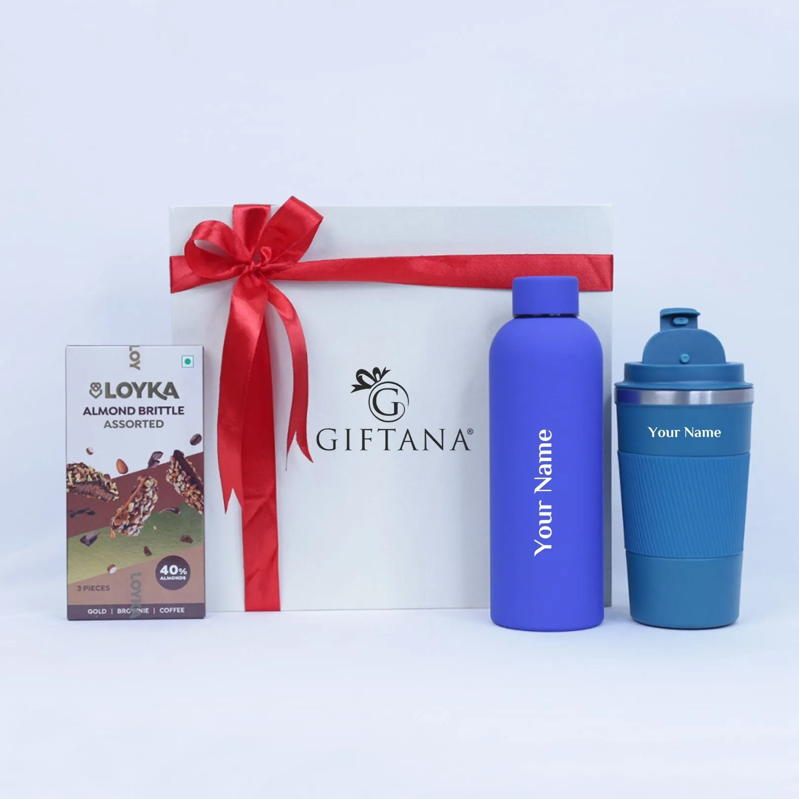 Personalized Gifting Set with Flask Bottle, Tumbler & Loyka Almond Brittle Assorted - Blue