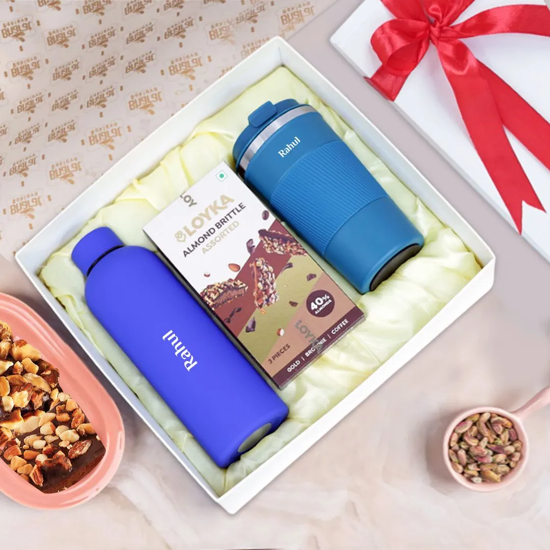 Personalized Gifting Set with Flask Bottle, Tumbler & Loyka Almond Brittle Assorted - Blue