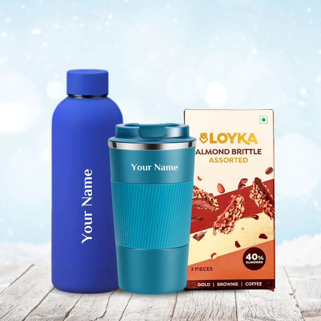 Personalized Gifting Set with Flask Bottle, Tumbler & Loyka Almond Brittle Assorted - Blue