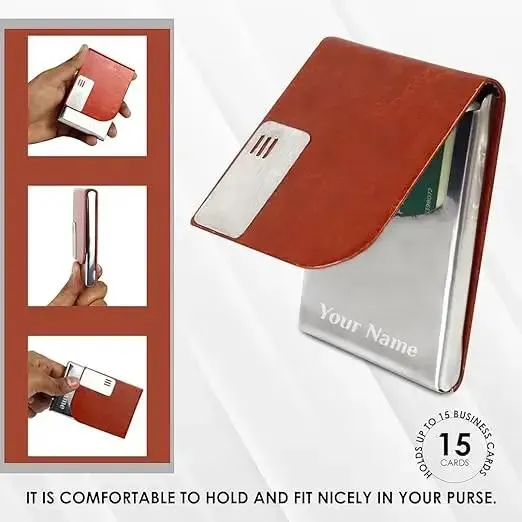 Personalized Magnet Flap Diary Gift Set with Metal Pen, Leather Cardholder & Leather Keychain - Tan