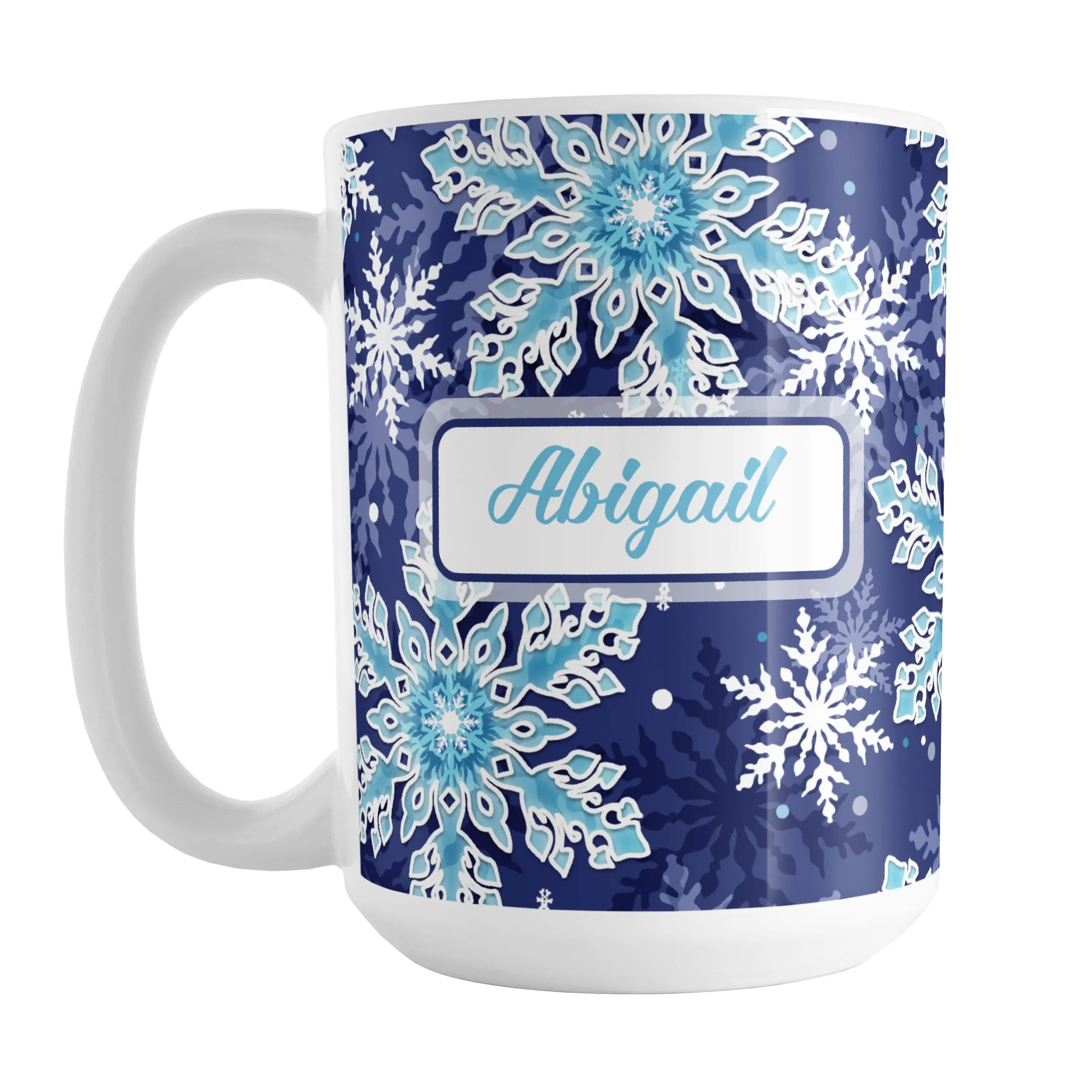 Personalized Navy Blue Aqua Snowflake Winter Mug