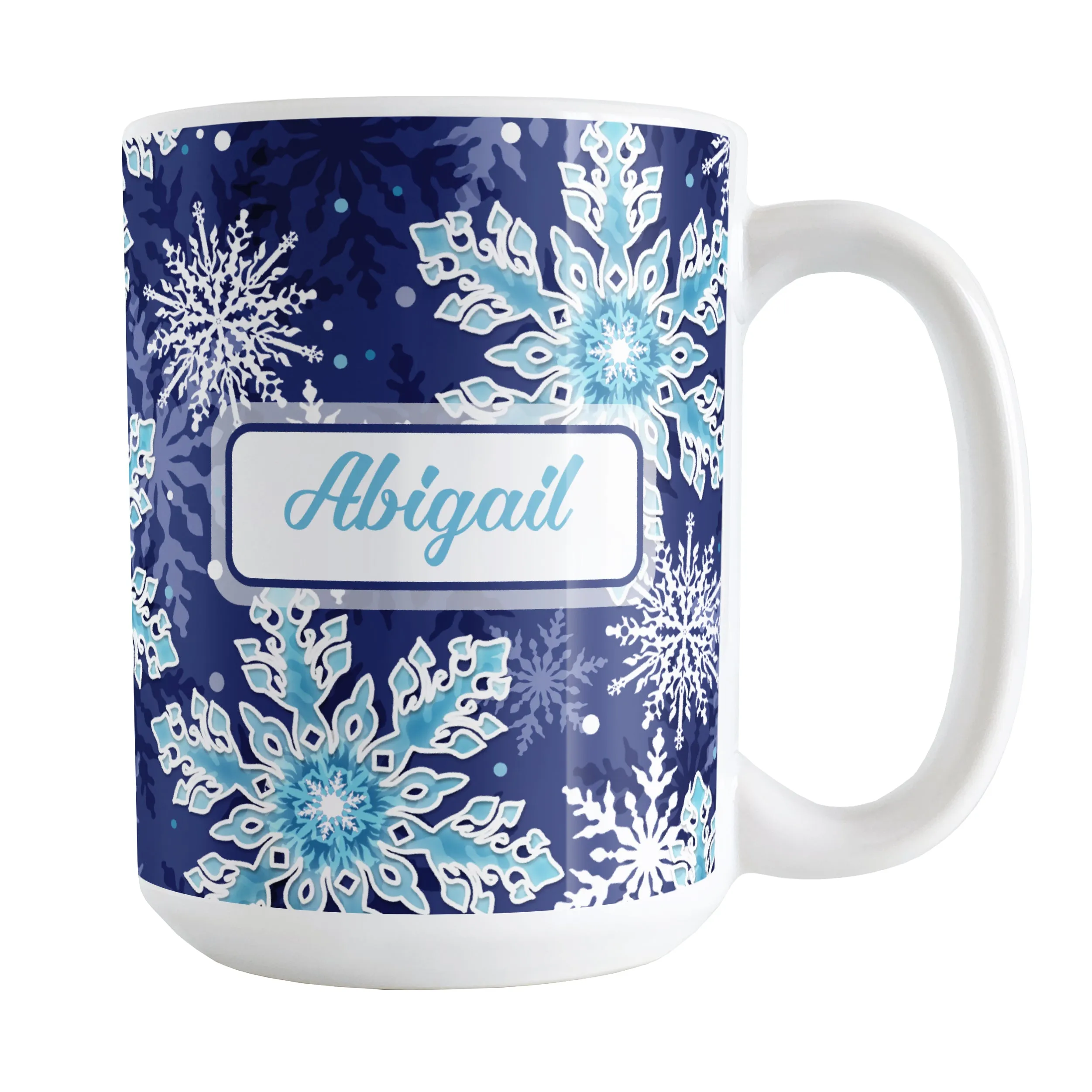 Personalized Navy Blue Aqua Snowflake Winter Mug